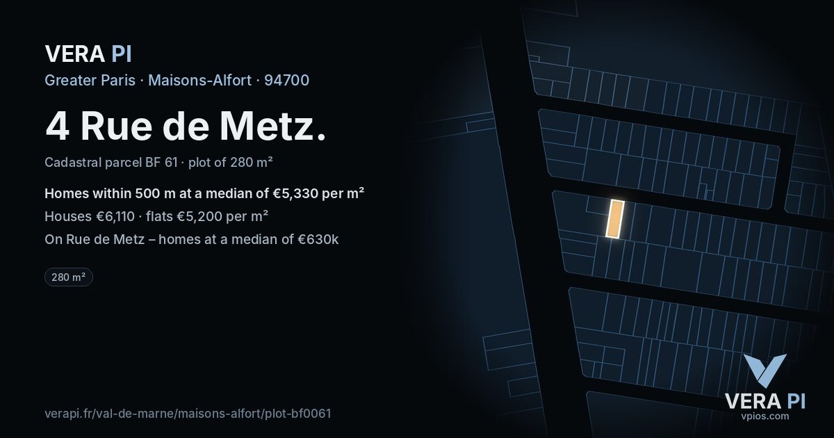 4 Rue de Metz, Maisons-Alfort at night – the plot lit, the parcels around coloured by the prices near them