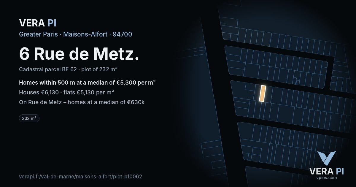 6 Rue de Metz, Maisons-Alfort at night – the plot lit, the parcels around coloured by the prices near them