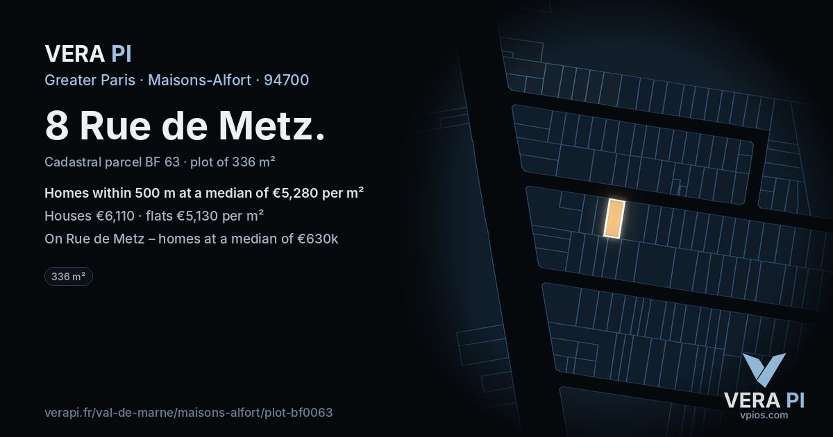 8 Rue de Metz, Maisons-Alfort at night – the plot lit, the parcels around coloured by the prices near them