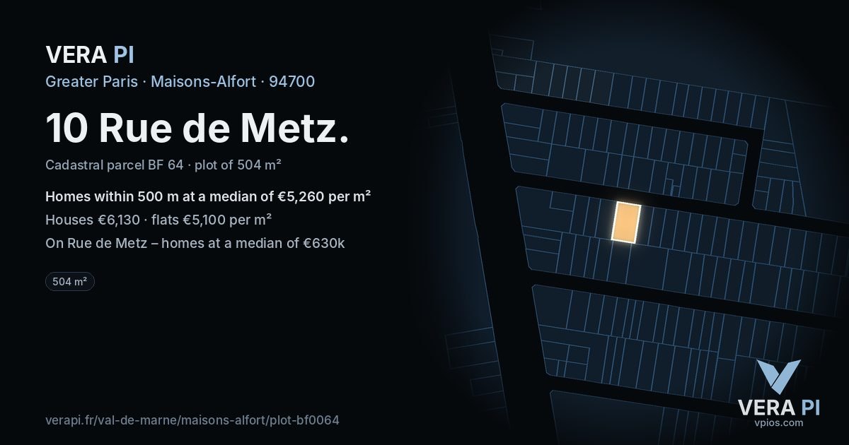 10 Rue de Metz, Maisons-Alfort at night – the plot lit, the parcels around coloured by the prices near them