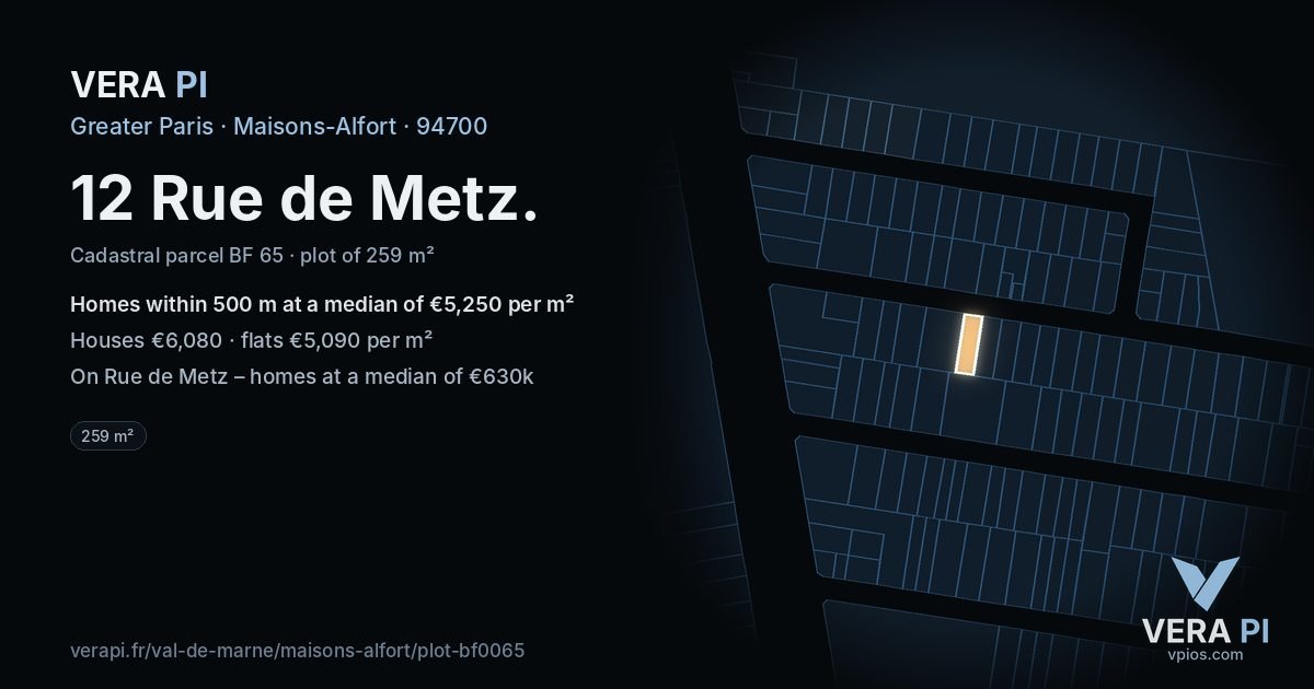 12 Rue de Metz, Maisons-Alfort at night – the plot lit, the parcels around coloured by the prices near them