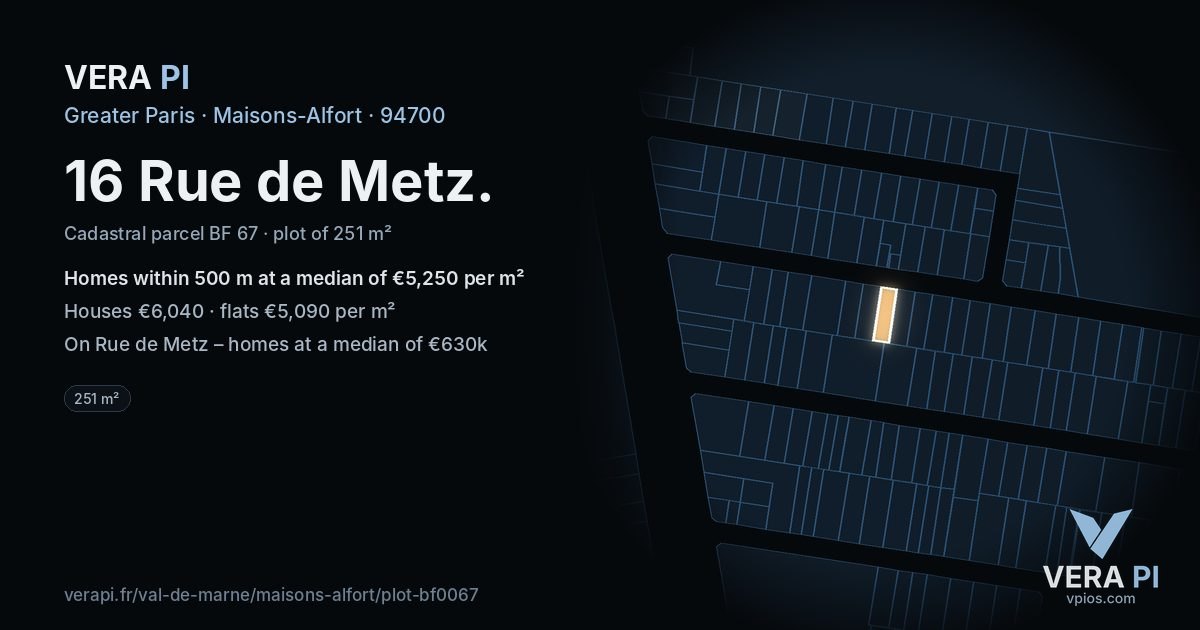16 Rue de Metz, Maisons-Alfort at night – the plot lit, the parcels around coloured by the prices near them