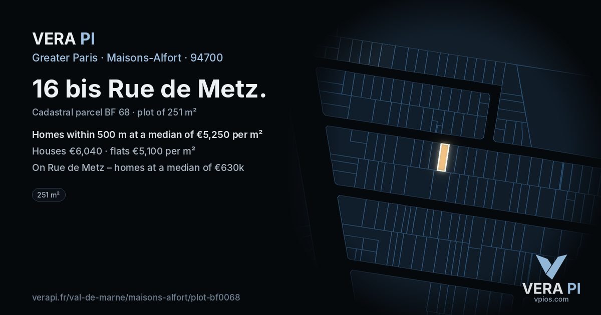 16 bis Rue de Metz, Maisons-Alfort at night – the plot lit, the parcels around coloured by the prices near them