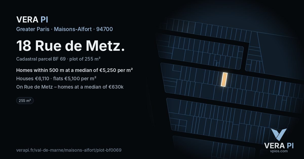 18 Rue de Metz, Maisons-Alfort at night – the plot lit, the parcels around coloured by the prices near them