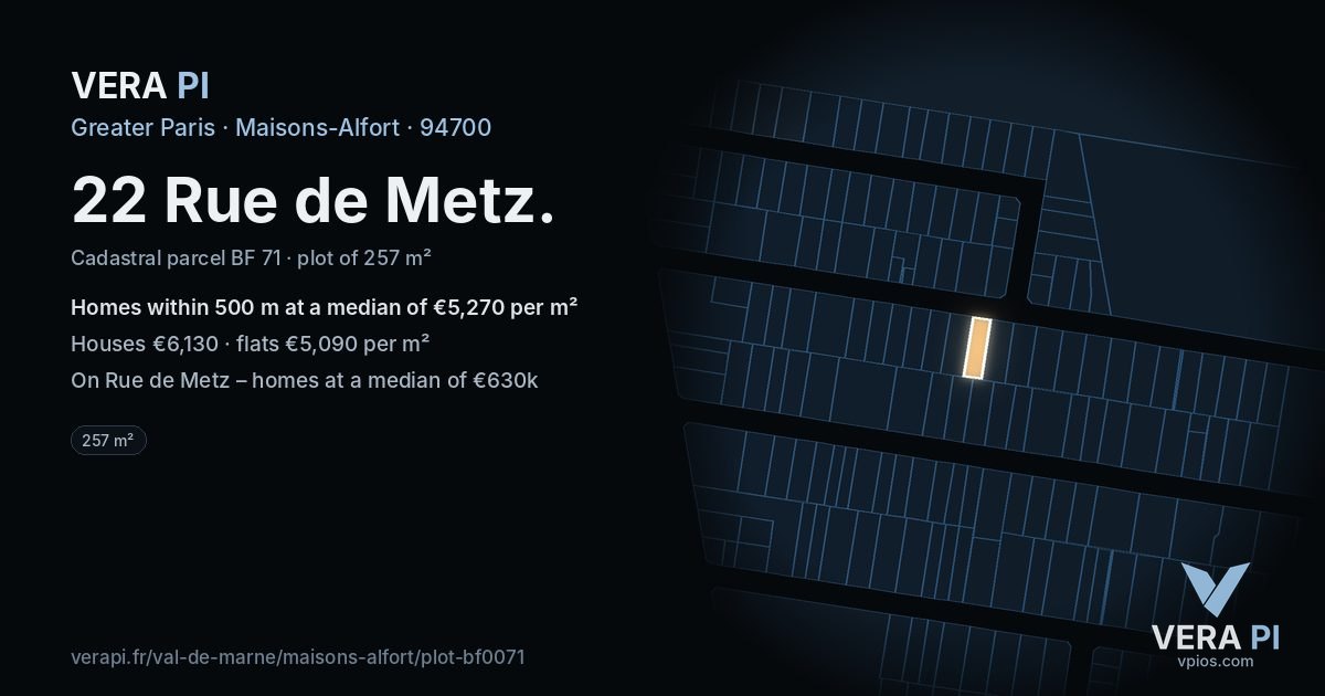 22 Rue de Metz, Maisons-Alfort at night – the plot lit, the parcels around coloured by the prices near them