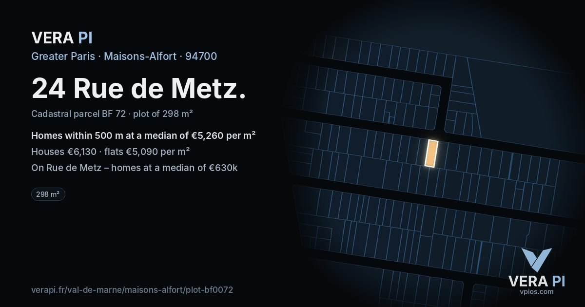 24 Rue de Metz, Maisons-Alfort at night – the plot lit, the parcels around coloured by the prices near them