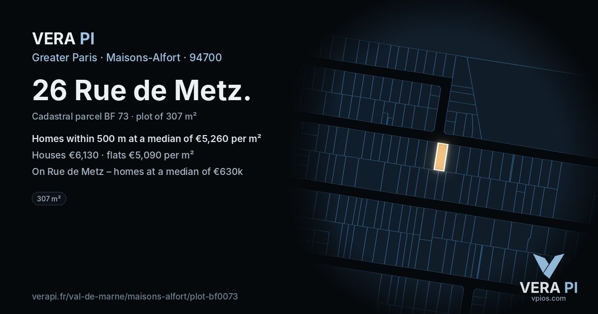 26 Rue de Metz, Maisons-Alfort at night – the plot lit, the parcels around coloured by the prices near them