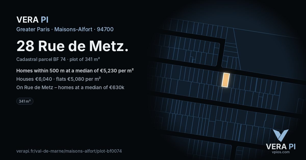 28 Rue de Metz, Maisons-Alfort at night – the plot lit, the parcels around coloured by the prices near them