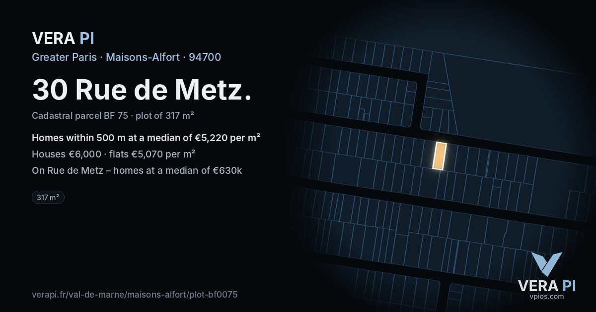 30 Rue de Metz, Maisons-Alfort at night – the plot lit, the parcels around coloured by the prices near them