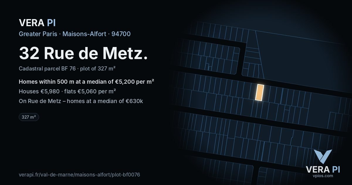 32 Rue de Metz, Maisons-Alfort at night – the plot lit, the parcels around coloured by the prices near them