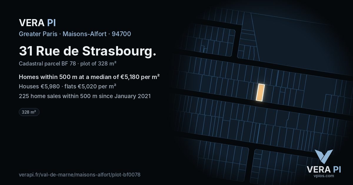 31 Rue de Strasbourg, Maisons-Alfort at night – the plot lit, the parcels around coloured by the prices near them