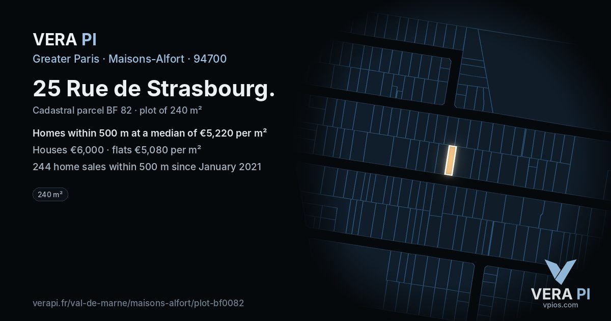25 Rue de Strasbourg, Maisons-Alfort at night – the plot lit, the parcels around coloured by the prices near them