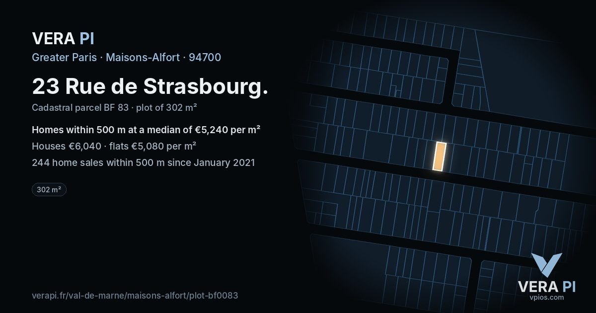 23 Rue de Strasbourg, Maisons-Alfort at night – the plot lit, the parcels around coloured by the prices near them