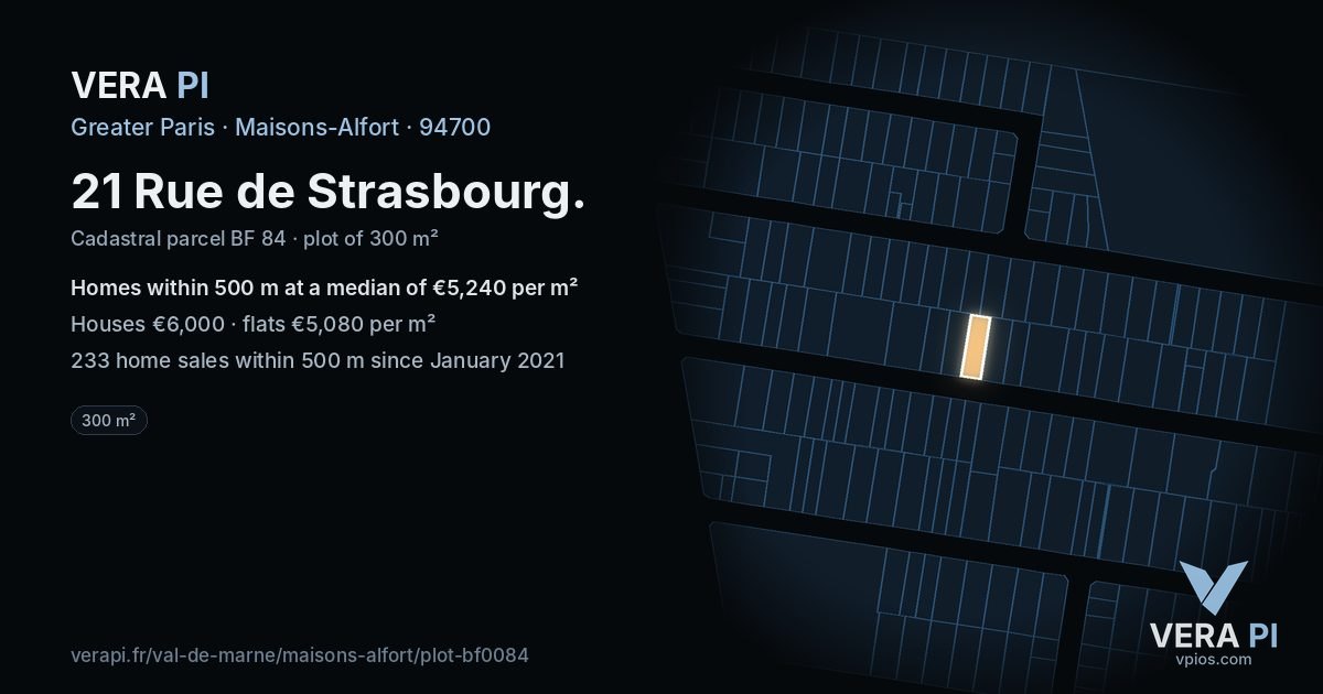 21 Rue de Strasbourg, Maisons-Alfort at night – the plot lit, the parcels around coloured by the prices near them
