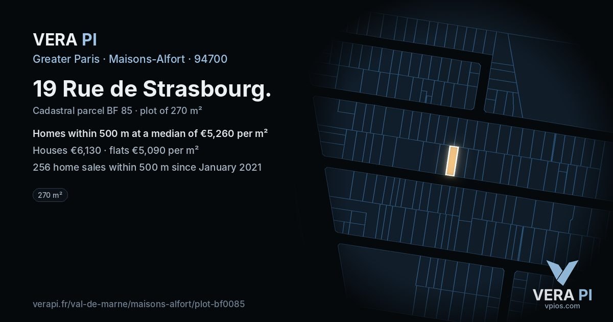19 Rue de Strasbourg, Maisons-Alfort at night – the plot lit, the parcels around coloured by the prices near them