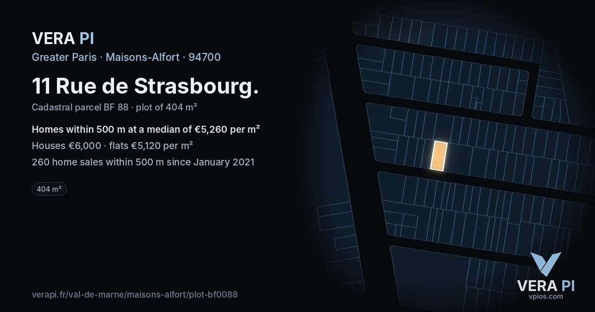 11 Rue de Strasbourg, Maisons-Alfort at night – the plot lit, the parcels around coloured by the prices near them