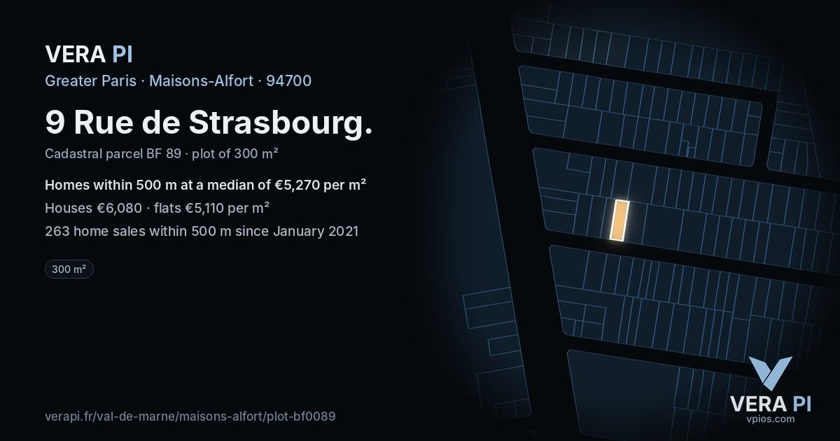 9 Rue de Strasbourg, Maisons-Alfort at night – the plot lit, the parcels around coloured by the prices near them