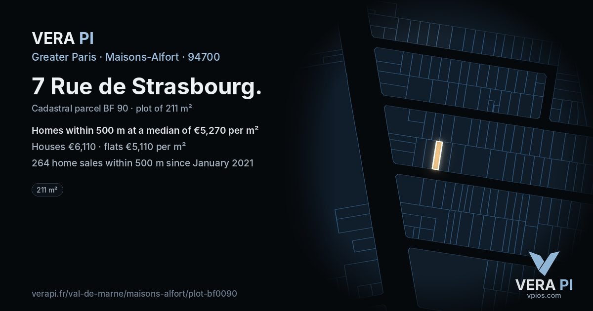 7 Rue de Strasbourg, Maisons-Alfort at night – the plot lit, the parcels around coloured by the prices near them