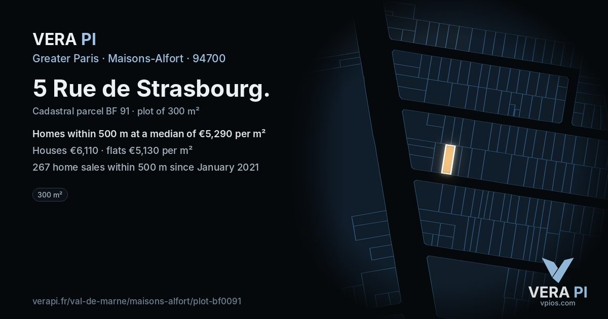 5 Rue de Strasbourg, Maisons-Alfort at night – the plot lit, the parcels around coloured by the prices near them