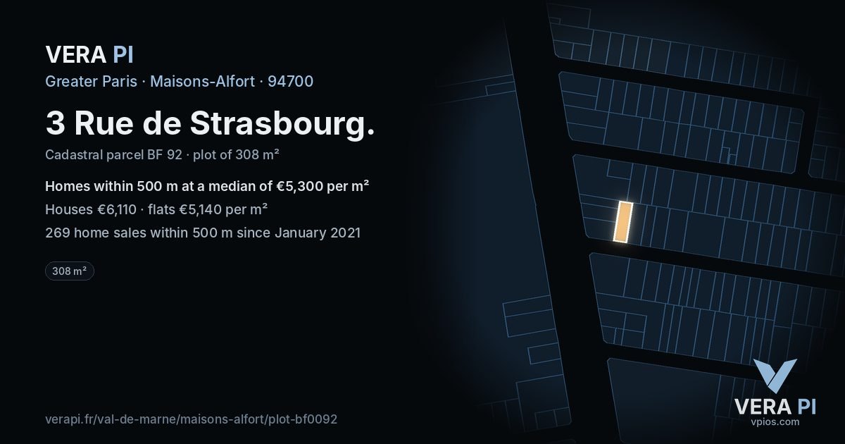 3 Rue de Strasbourg, Maisons-Alfort at night – the plot lit, the parcels around coloured by the prices near them