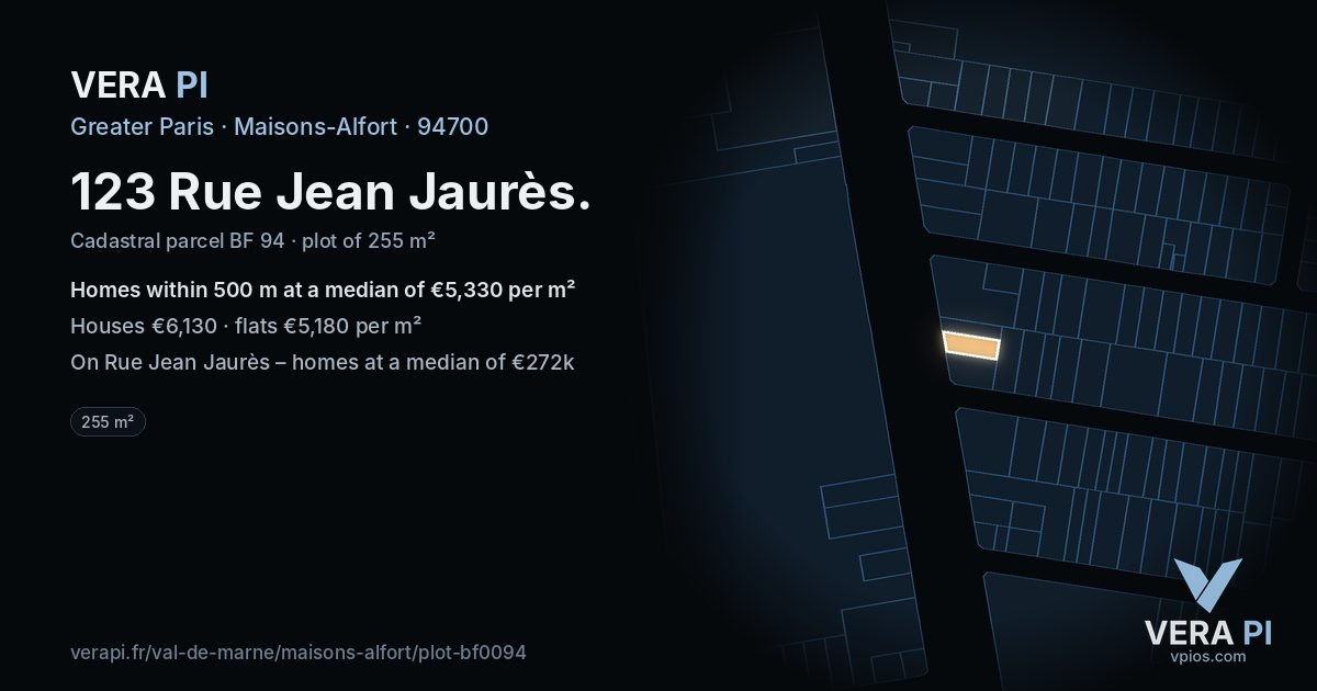123 Rue Jean Jaurès, Maisons-Alfort at night – the plot lit, the parcels around coloured by the prices near them