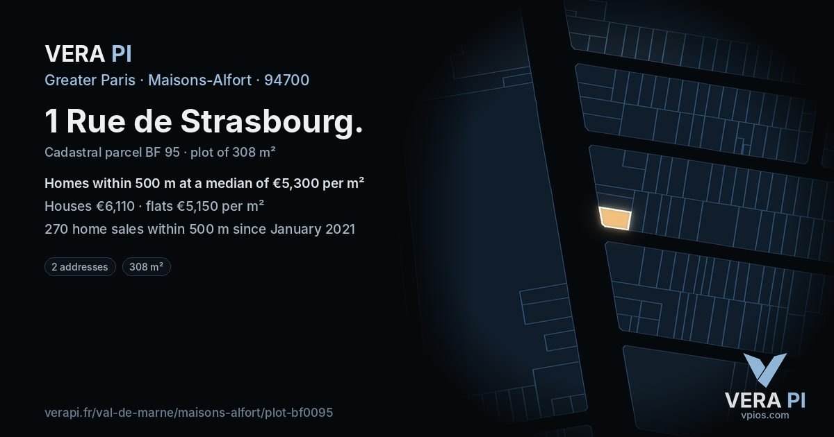 1 Rue de Strasbourg, Maisons-Alfort at night – the plot lit, the parcels around coloured by the prices near them