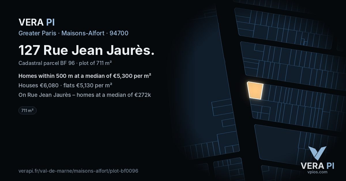 127 Rue Jean Jaurès, Maisons-Alfort at night – the plot lit, the parcels around coloured by the prices near them