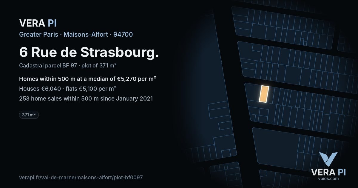 6 Rue de Strasbourg, Maisons-Alfort at night – the plot lit, the parcels around coloured by the prices near them
