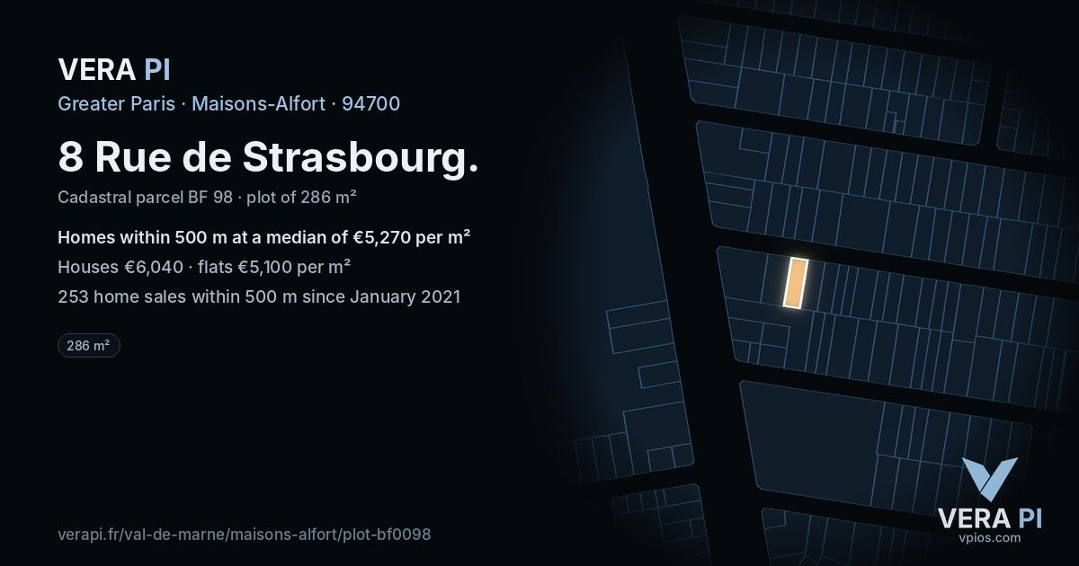 8 Rue de Strasbourg, Maisons-Alfort at night – the plot lit, the parcels around coloured by the prices near them