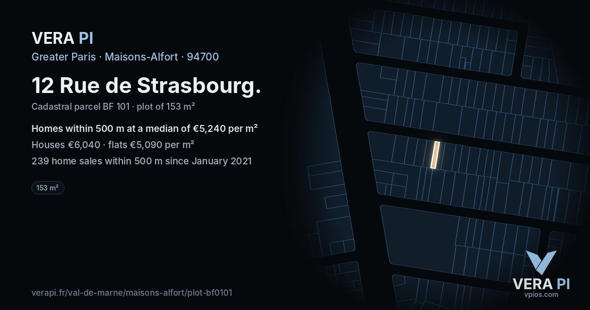 12 Rue de Strasbourg, Maisons-Alfort at night – the plot lit, the parcels around coloured by the prices near them