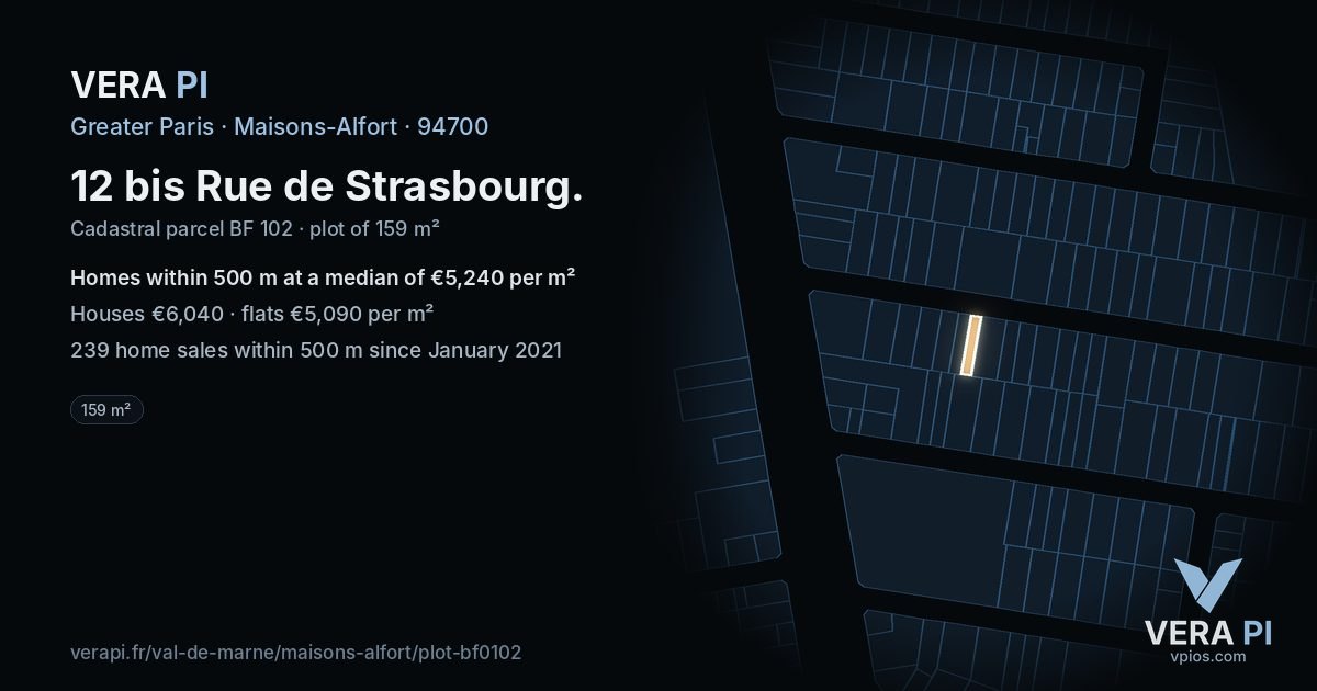 12 bis Rue de Strasbourg, Maisons-Alfort at night – the plot lit, the parcels around coloured by the prices near them