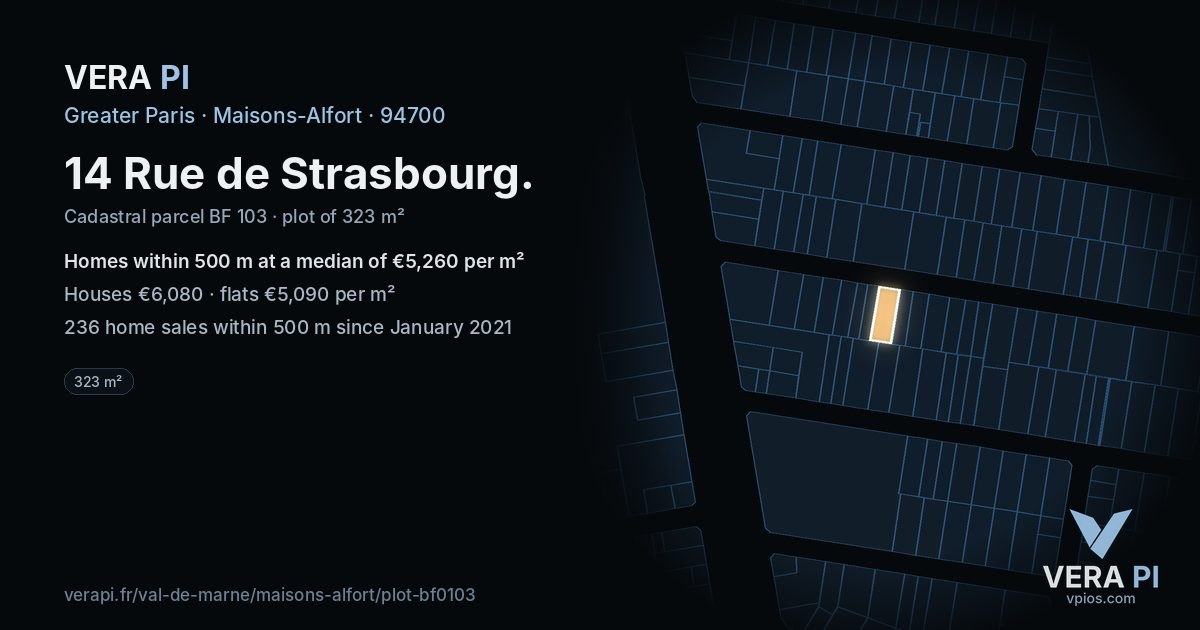 14 Rue de Strasbourg, Maisons-Alfort at night – the plot lit, the parcels around coloured by the prices near them