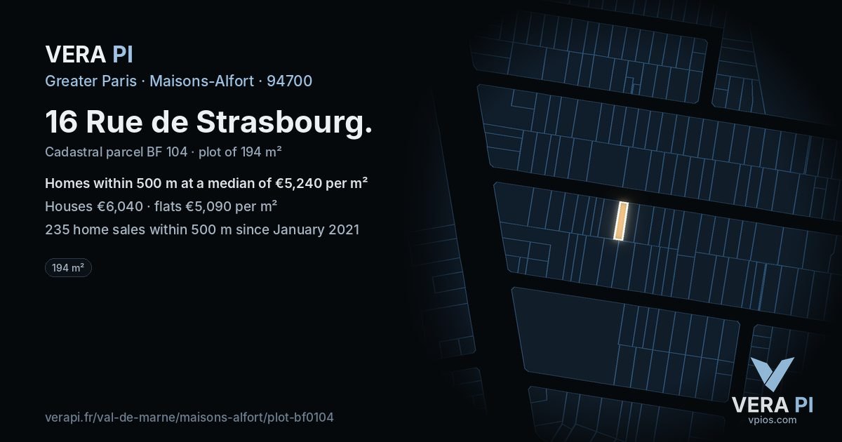 16 Rue de Strasbourg, Maisons-Alfort at night – the plot lit, the parcels around coloured by the prices near them