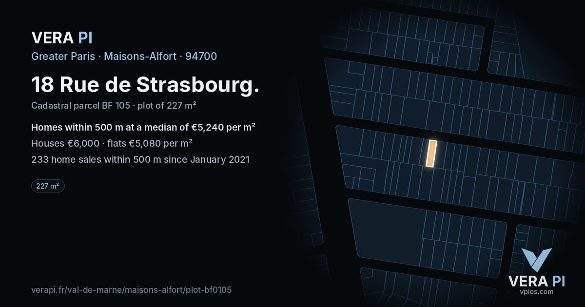 18 Rue de Strasbourg, Maisons-Alfort at night – the plot lit, the parcels around coloured by the prices near them
