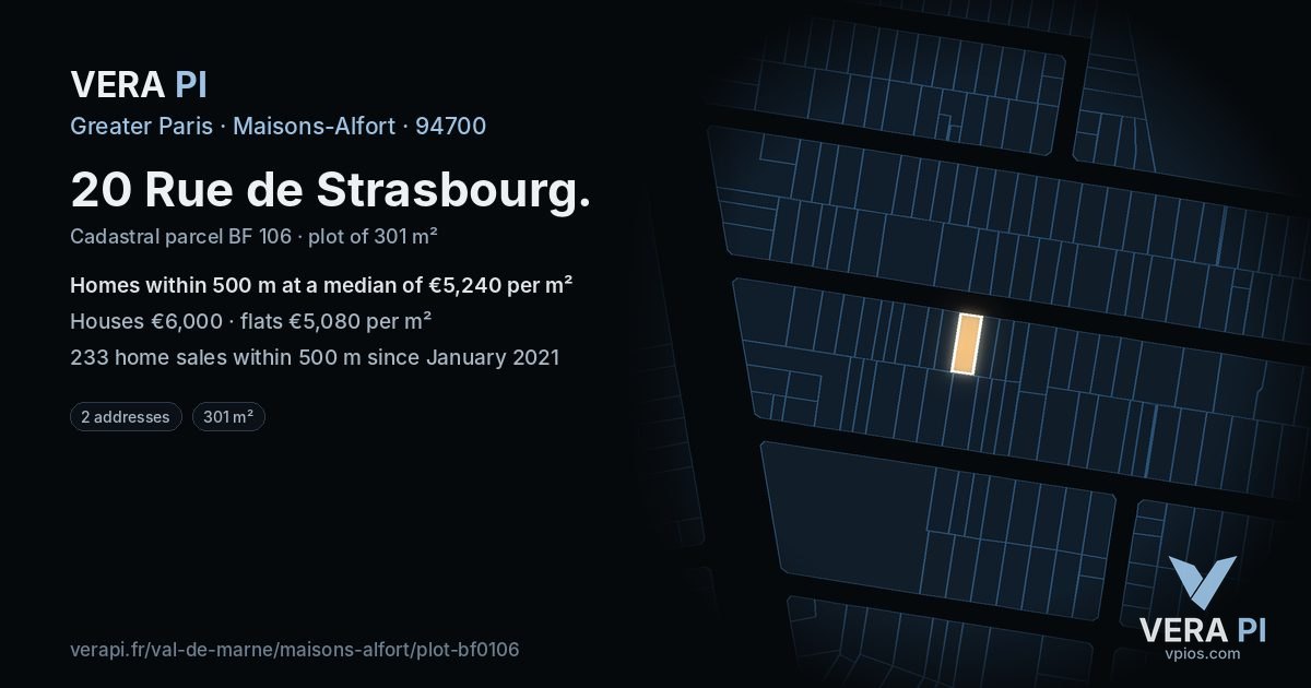 20 Rue de Strasbourg, Maisons-Alfort at night – the plot lit, the parcels around coloured by the prices near them