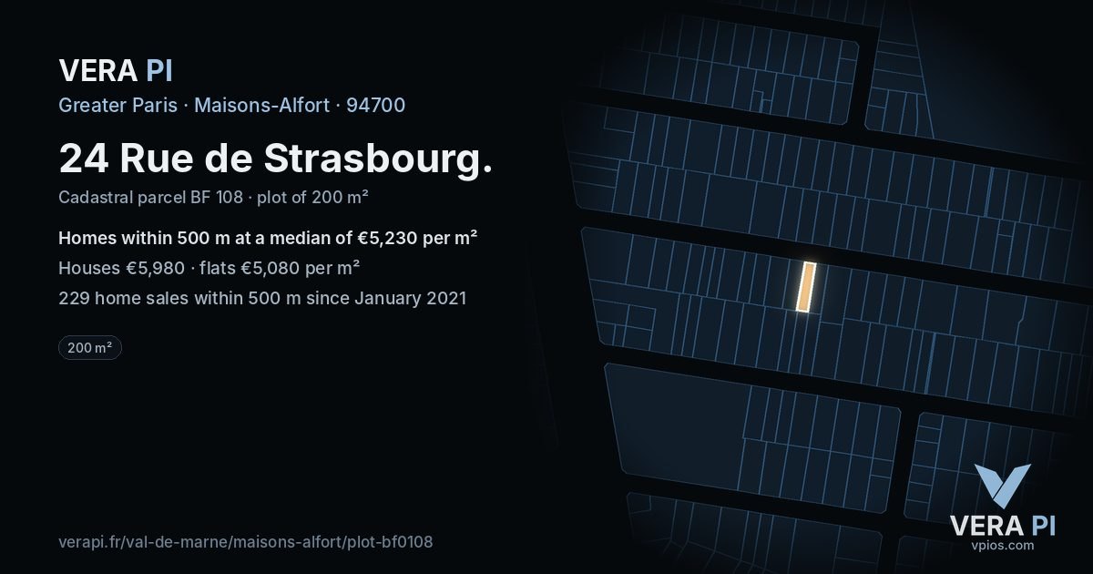 24 Rue de Strasbourg, Maisons-Alfort at night – the plot lit, the parcels around coloured by the prices near them