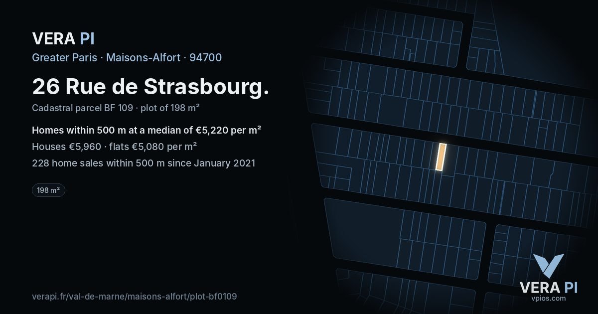 26 Rue de Strasbourg, Maisons-Alfort at night – the plot lit, the parcels around coloured by the prices near them