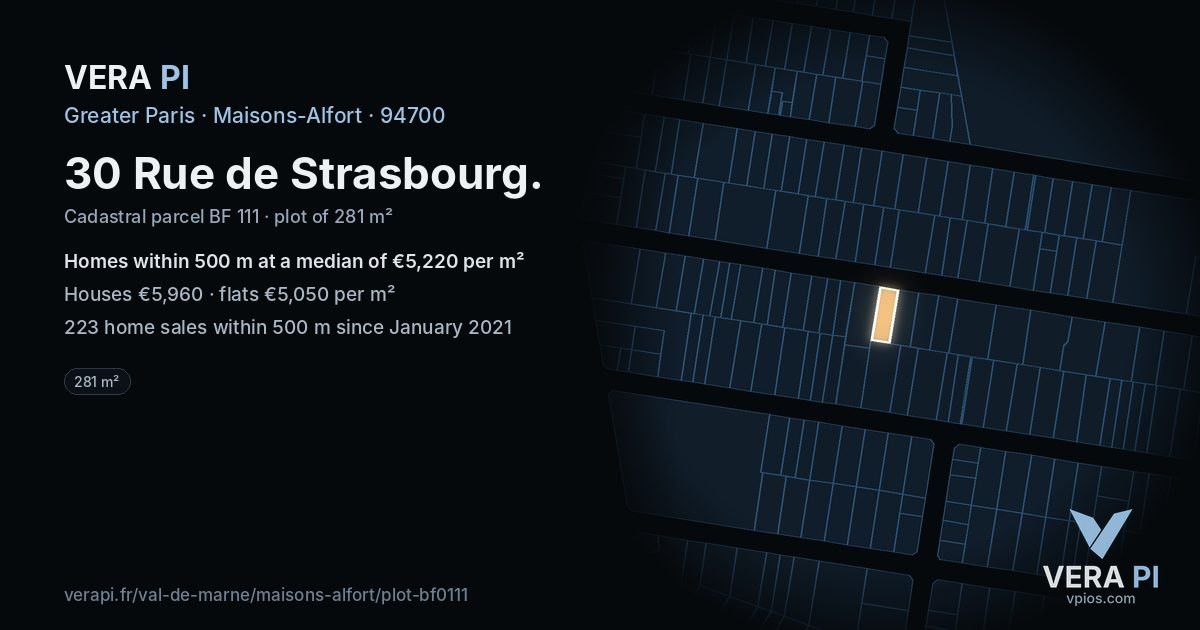 30 Rue de Strasbourg, Maisons-Alfort at night – the plot lit, the parcels around coloured by the prices near them