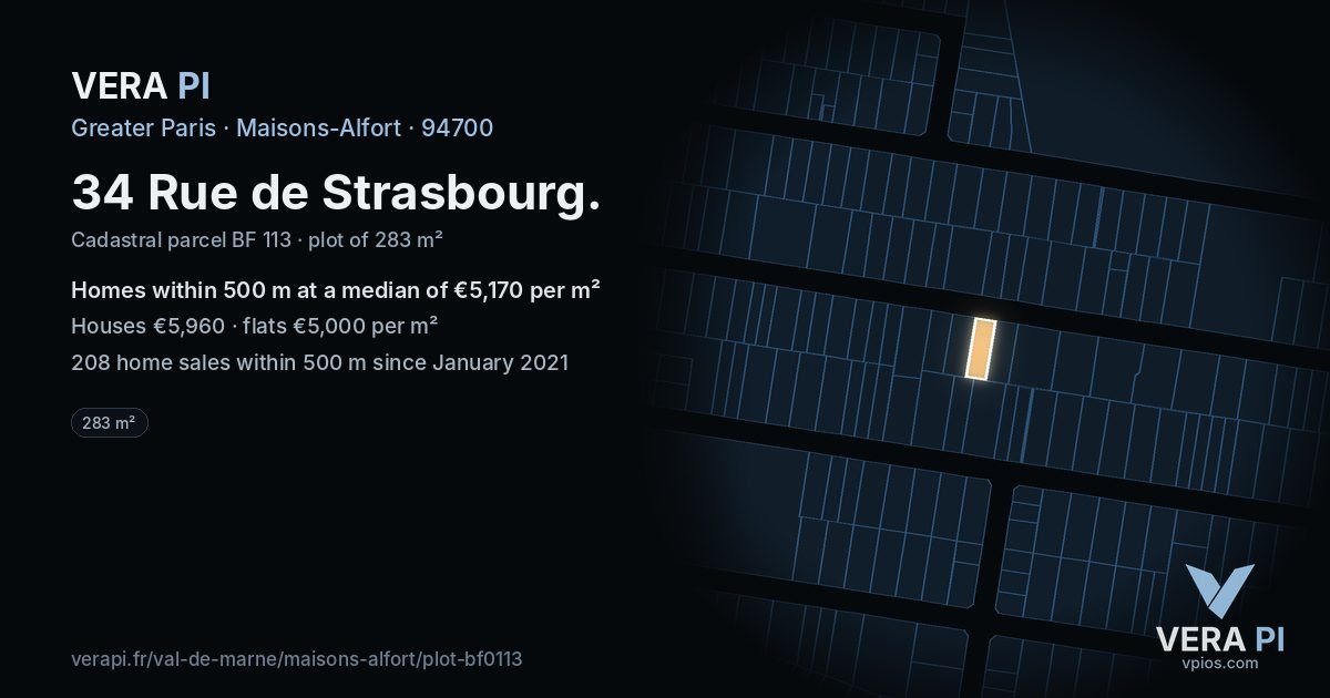 34 Rue de Strasbourg, Maisons-Alfort at night – the plot lit, the parcels around coloured by the prices near them