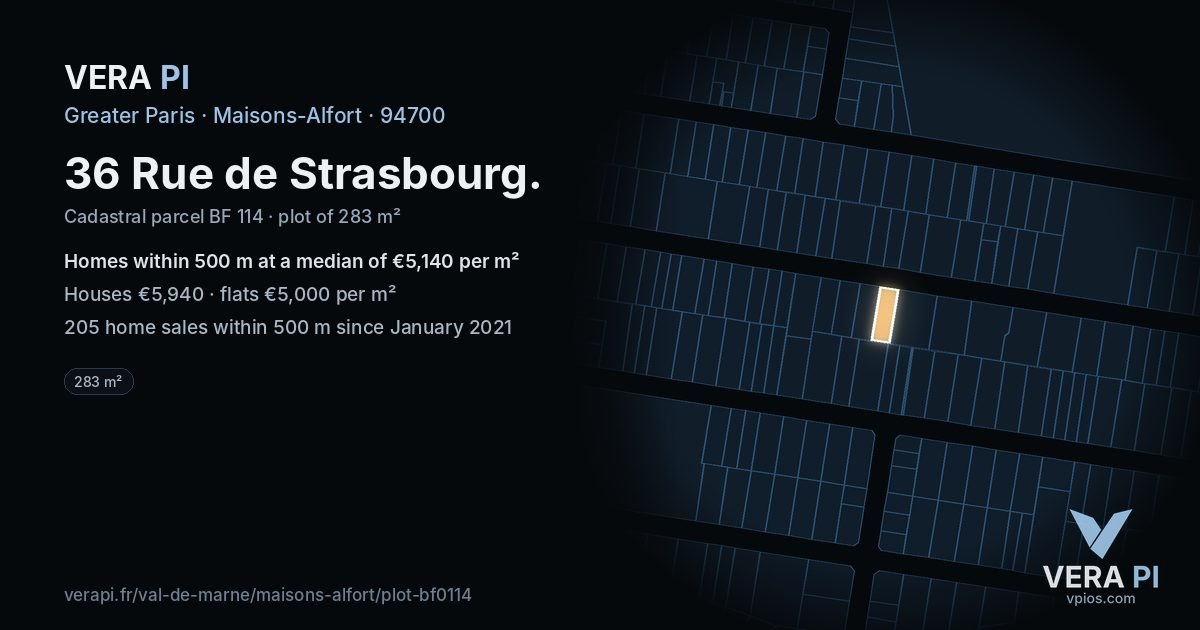 36 Rue de Strasbourg, Maisons-Alfort at night – the plot lit, the parcels around coloured by the prices near them