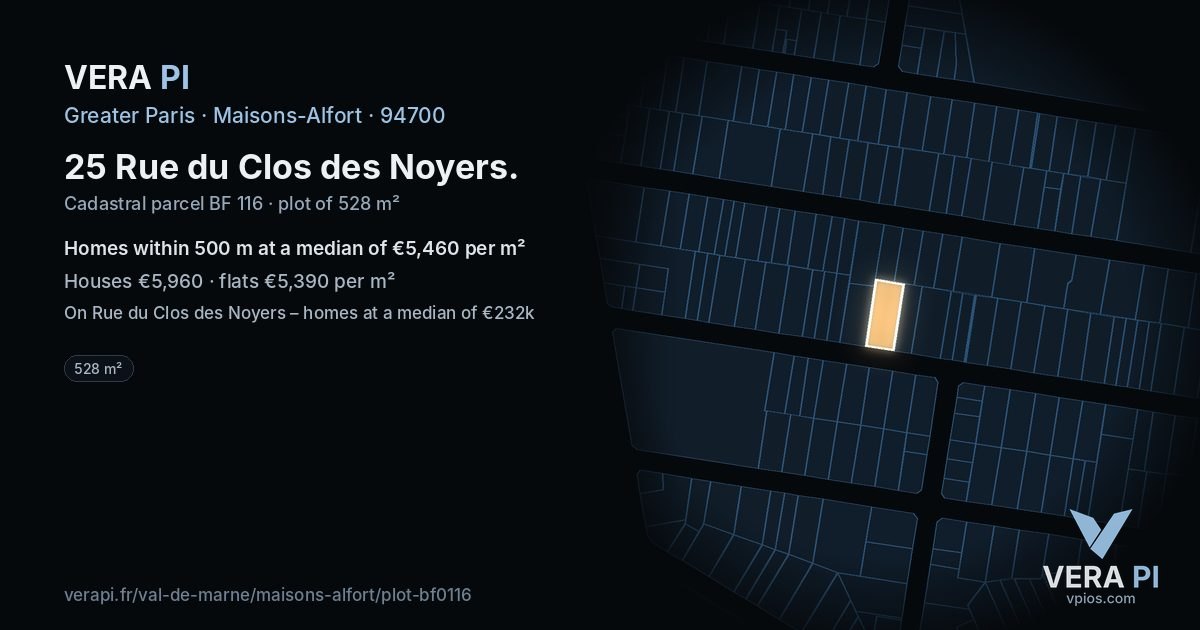 25 Rue du Clos des Noyers, Maisons-Alfort at night – the plot lit, the parcels around coloured by the prices near them