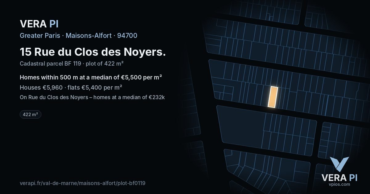 15 Rue du Clos des Noyers, Maisons-Alfort at night – the plot lit, the parcels around coloured by the prices near them