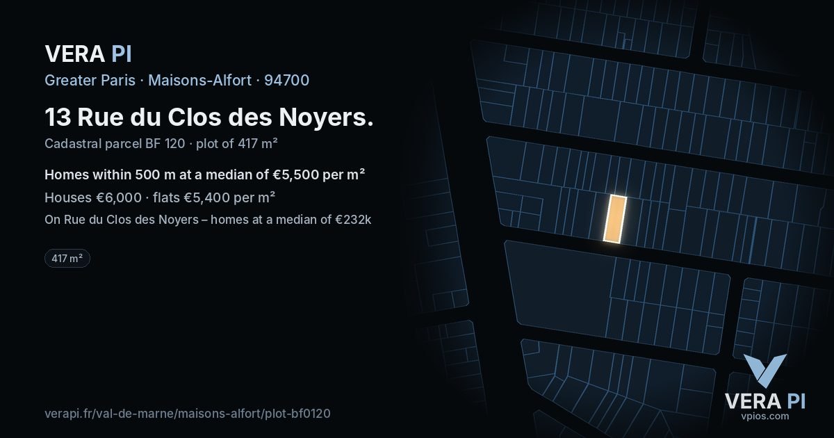 13 Rue du Clos des Noyers, Maisons-Alfort at night – the plot lit, the parcels around coloured by the prices near them