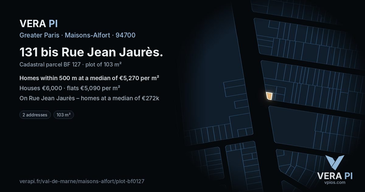 131 bis Rue Jean Jaurès, Maisons-Alfort at night – the plot lit, the parcels around coloured by the prices near them