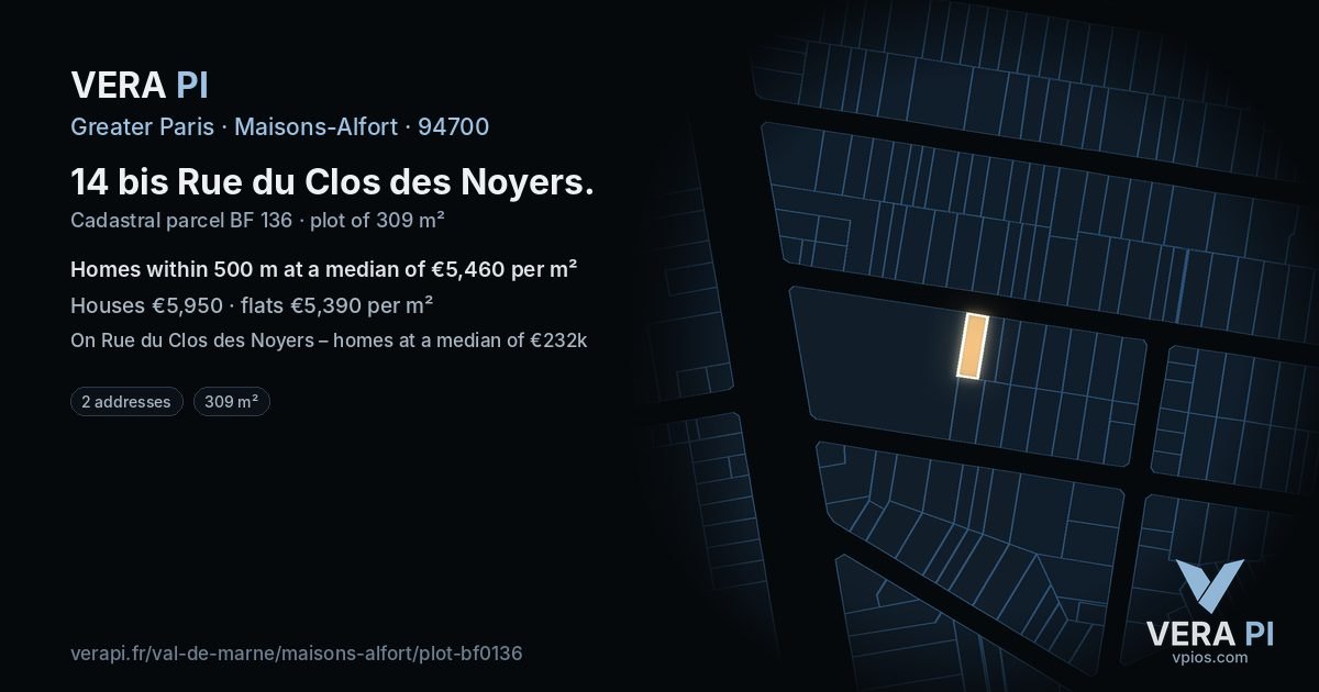 14 bis Rue du Clos des Noyers, Maisons-Alfort at night – the plot lit, the parcels around coloured by the prices near them