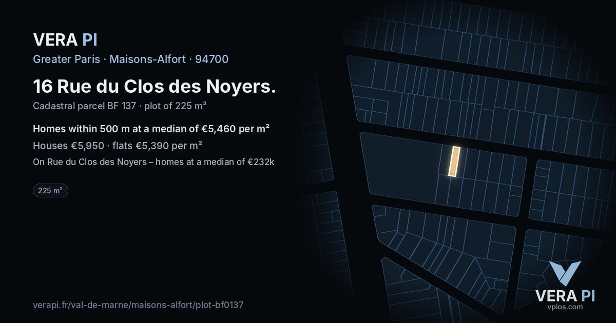 16 Rue du Clos des Noyers, Maisons-Alfort at night – the plot lit, the parcels around coloured by the prices near them