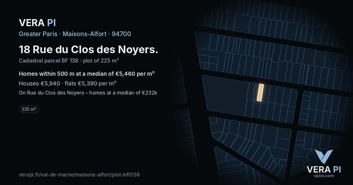 18 Rue du Clos des Noyers, Maisons-Alfort at night – the plot lit, the parcels around coloured by the prices near them