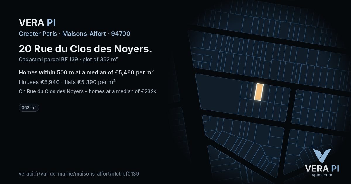 20 Rue du Clos des Noyers, Maisons-Alfort at night – the plot lit, the parcels around coloured by the prices near them