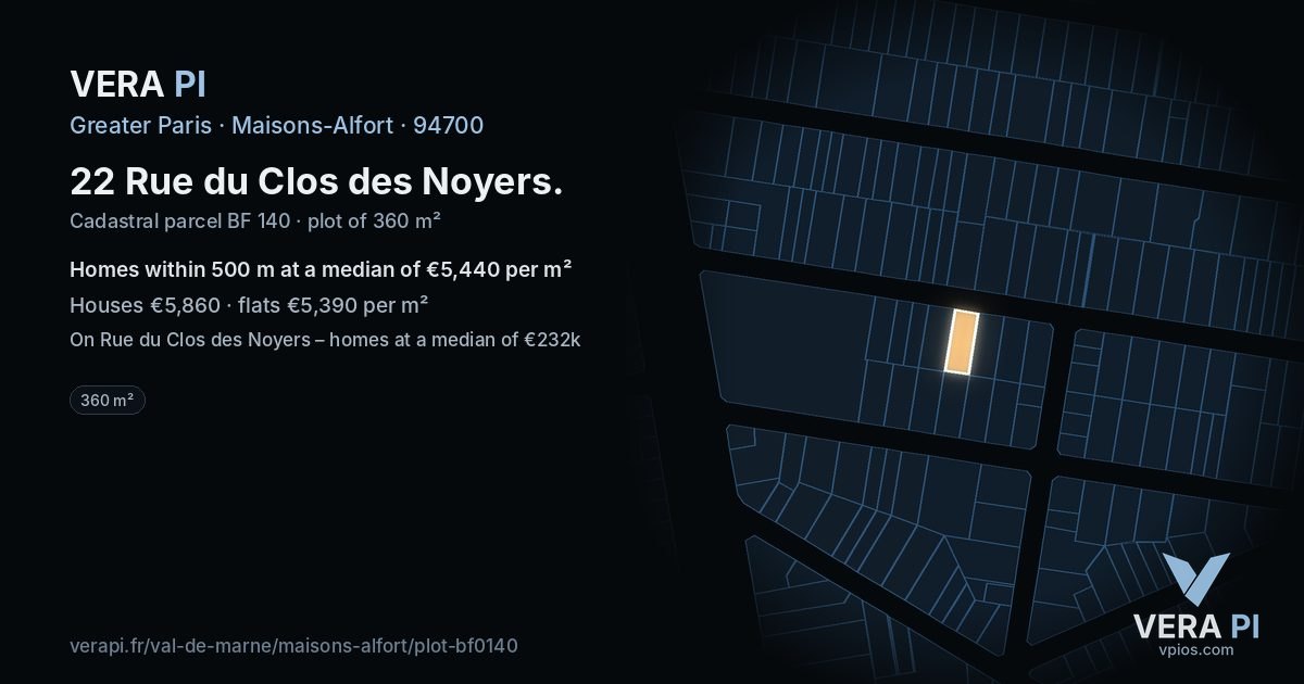 22 Rue du Clos des Noyers, Maisons-Alfort at night – the plot lit, the parcels around coloured by the prices near them