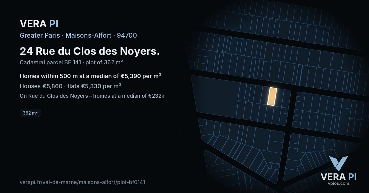 24 Rue du Clos des Noyers, Maisons-Alfort at night – the plot lit, the parcels around coloured by the prices near them